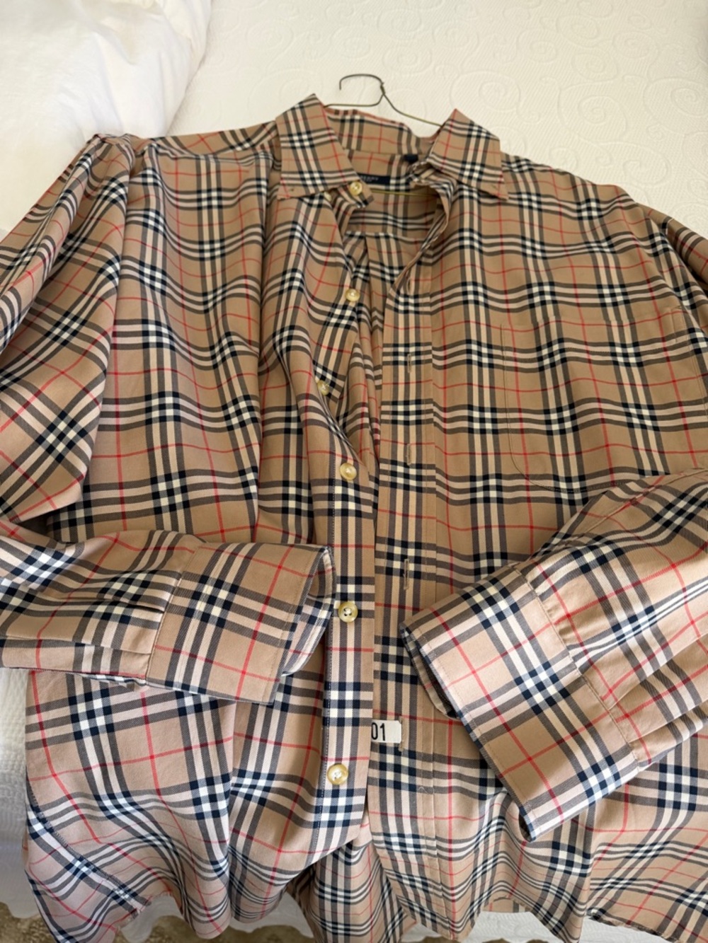Burberry Beige Plaid Button-Down Shirt with Black and Red Accents
